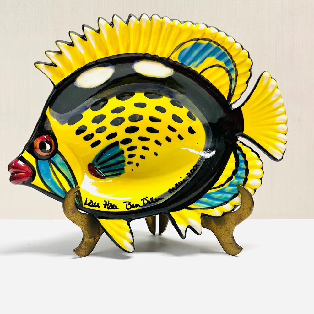 Vintage Art Studio Hawiann Folk Art Ben Diller Butterfly Fish Dish Bowl Maui
